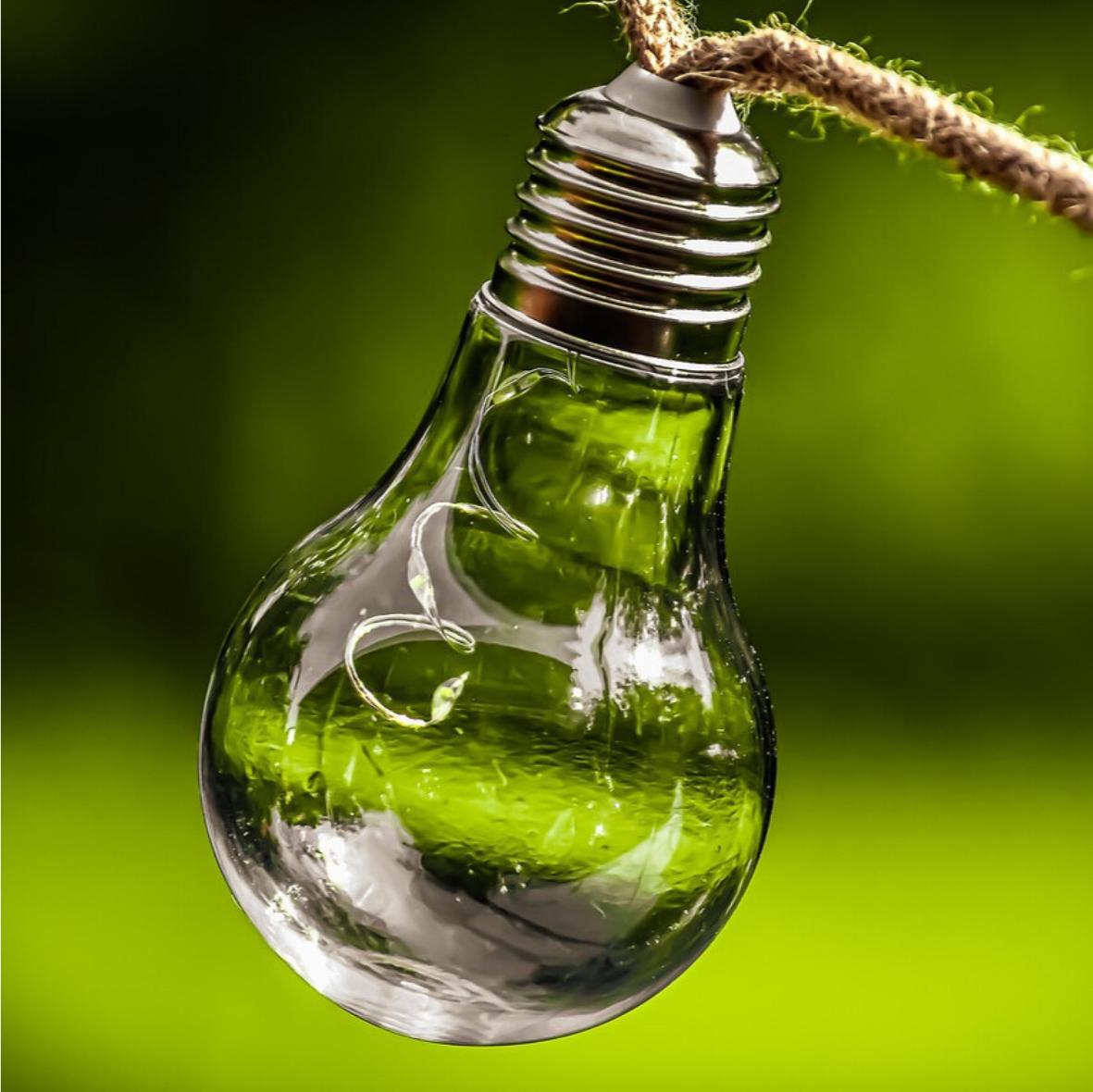 Une ampoule suspendue à une corde avec un fond vert.