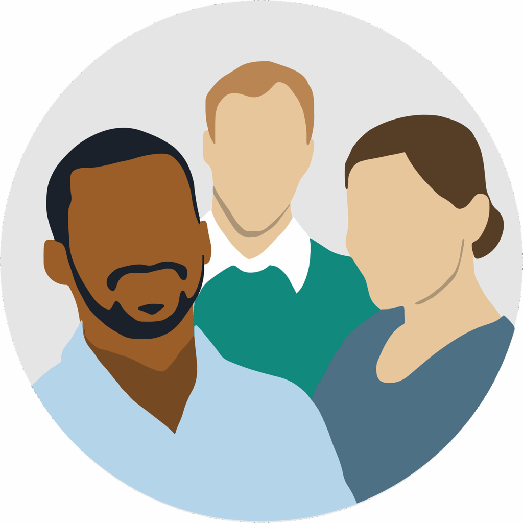 Illustration de trois personnes sans visage, deux hommes et une femme, debout ensemble sur un fond gris clair dans un cadre ovale - visuel idéal pour des sujets tels que recruter en France.