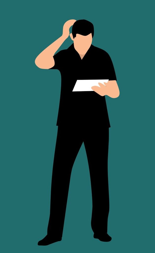 Illustration d'une personne debout, tenant un papier et se grattant la tête, semblant confuse ou incertaine sur la façon de licencier en France, sur un fond bleu sarcelle.