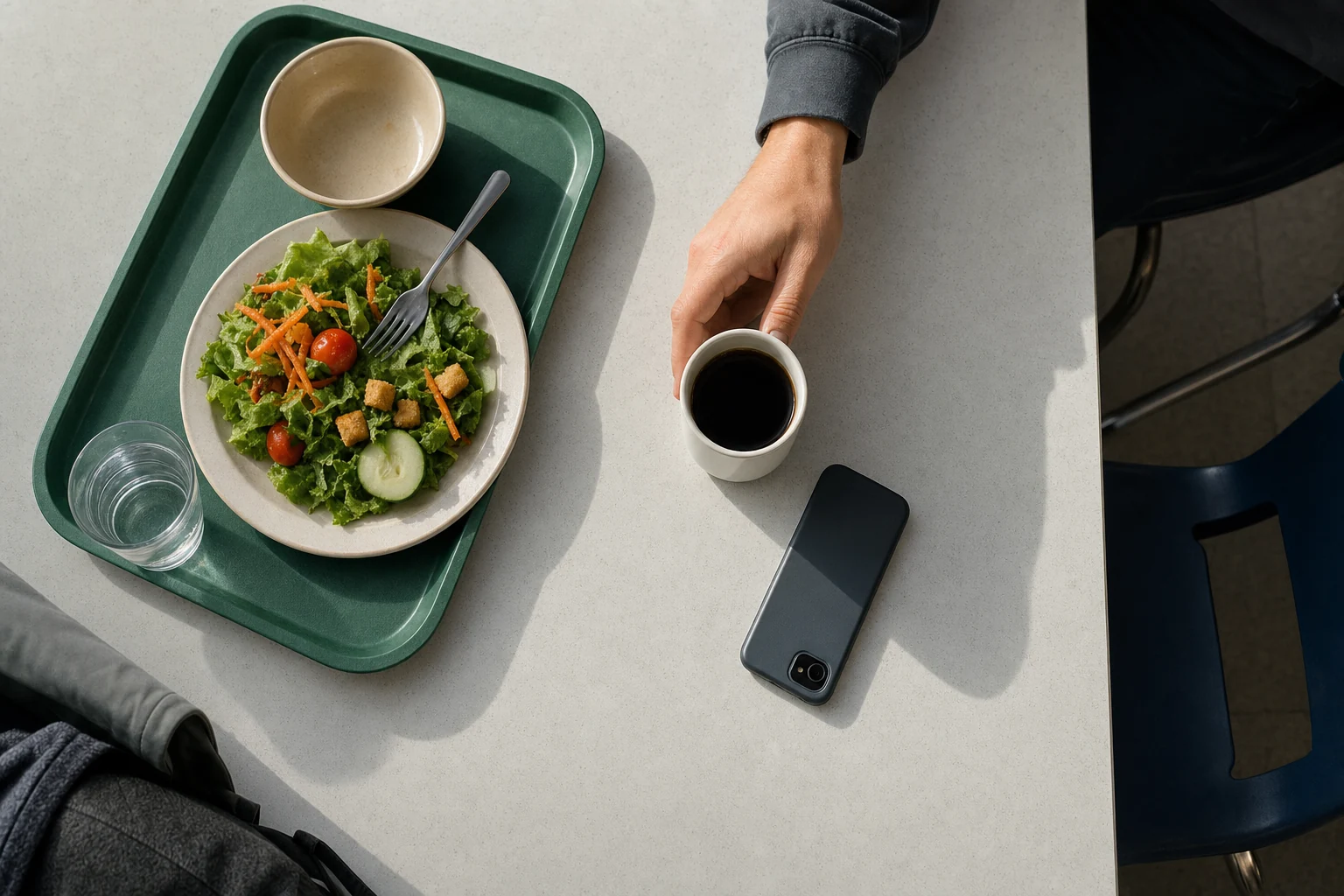 Overhead view of a canteen table: an untouched tray, a phone face down, a hand pushing a coffee across