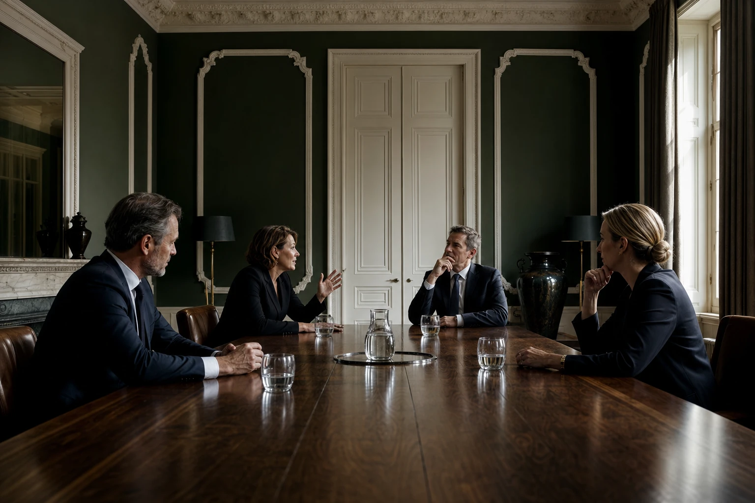 A management meeting around a long wooden table in an old high-ceilinged French office