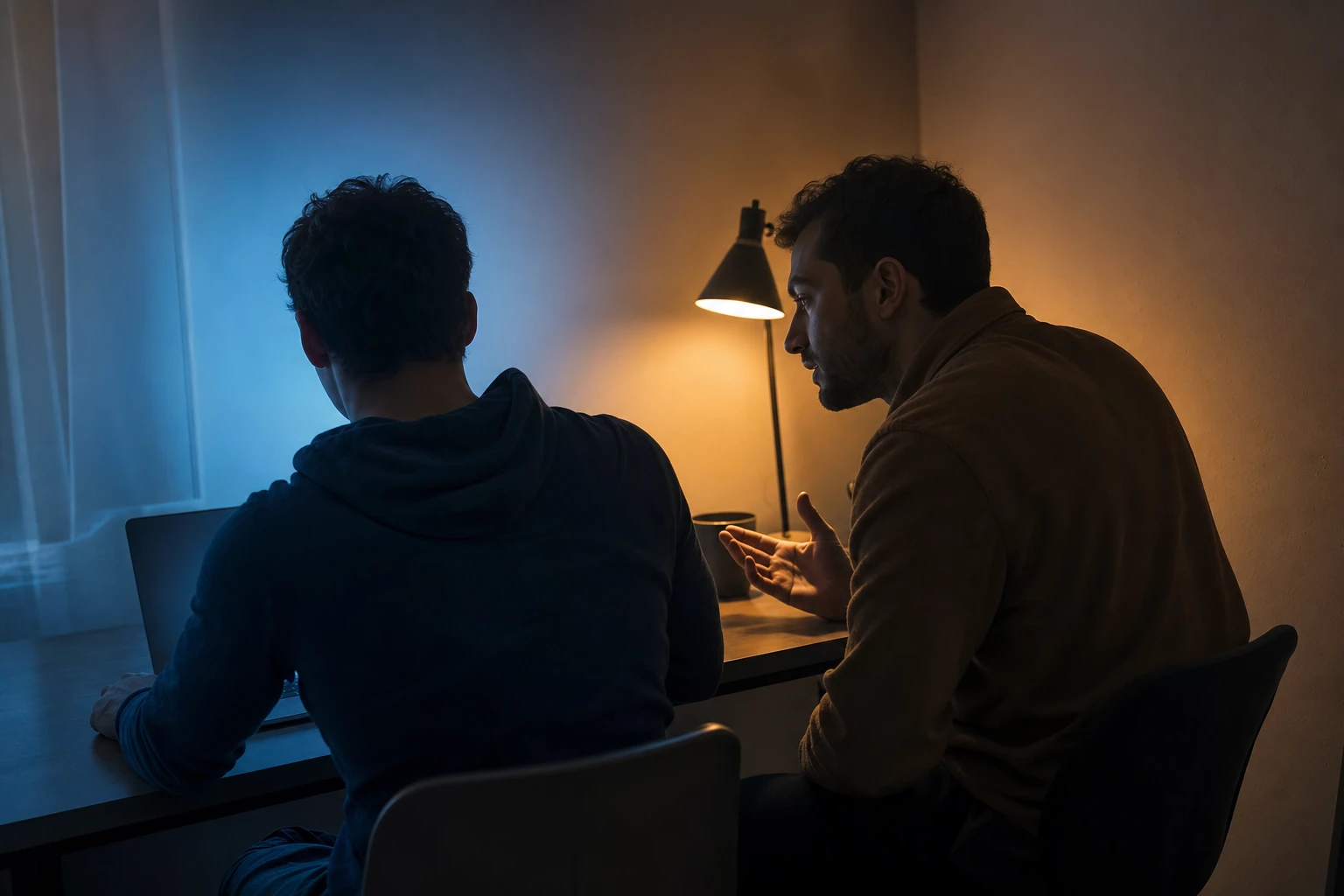 Une personne en visioconférence et une autre assise à côté d'elle dans la même pièce, lumières froide et chaude