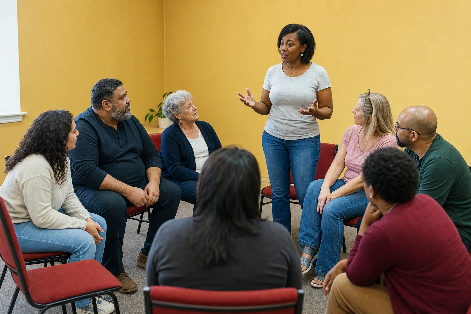 Session de formation en cercle : huit participants d'âges variés, l'un d'eux prend la parole