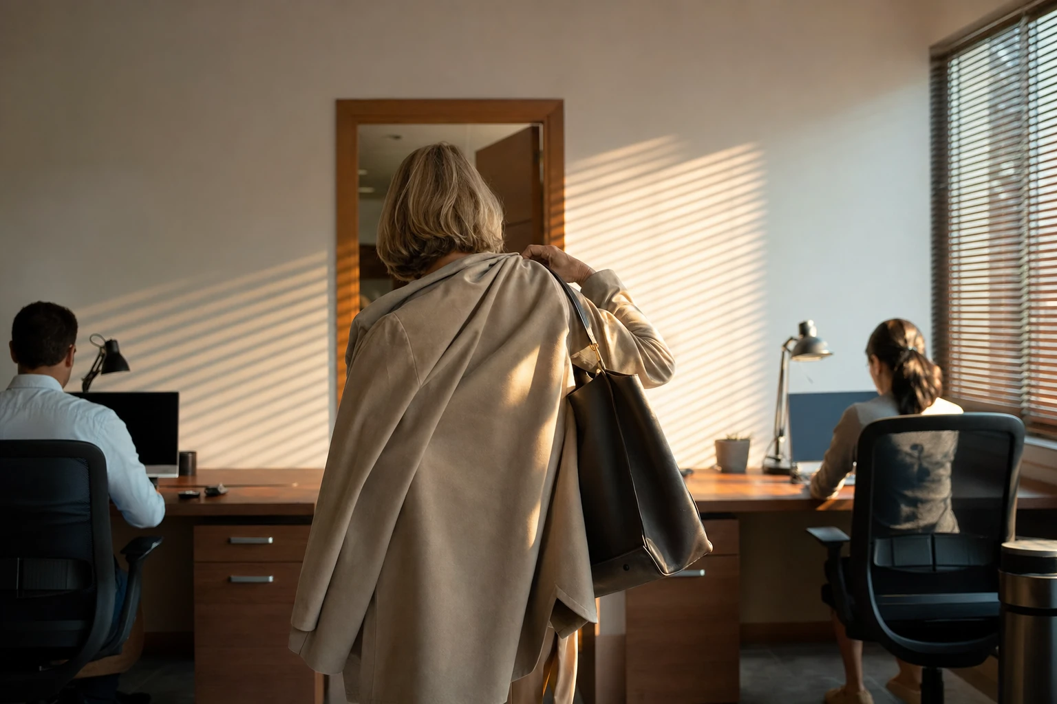 A fractional HR director seen from behind puts her coat on and walks out of the office mid-day while two colleagues stay at their desks