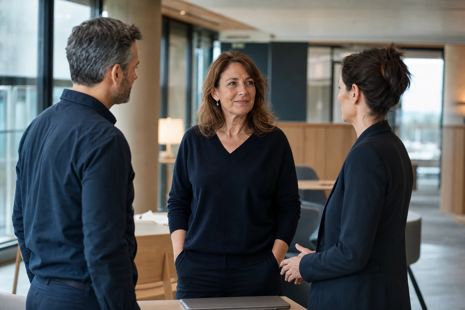 An independent HR consultant in conversation with two colleagues in a bright, sober international office
