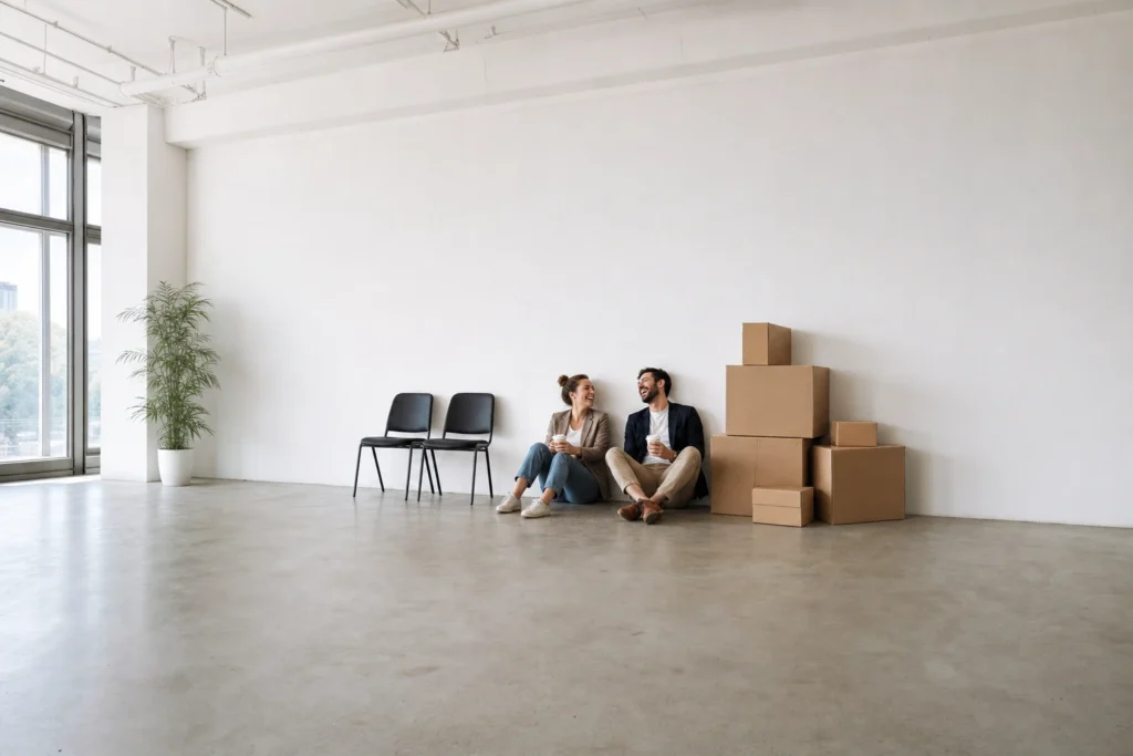 Two people sitting on the floor of an empty office, coffees in hand, laughing among the boxes