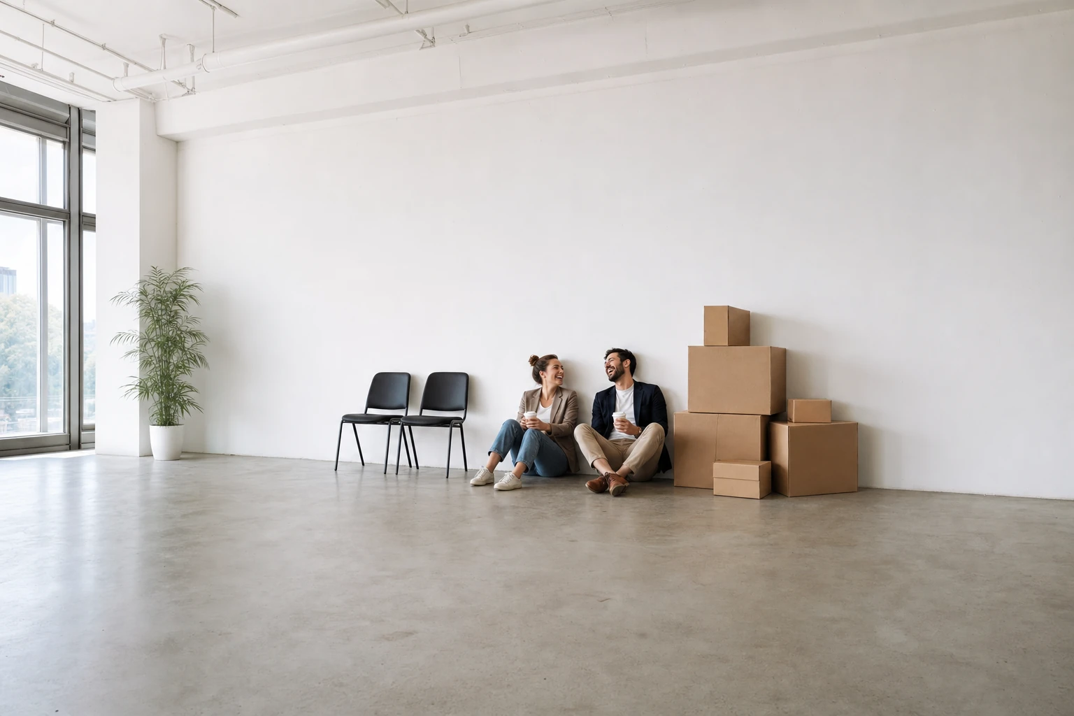 Two people sitting on the floor of an empty office, coffees in hand, laughing among the boxes