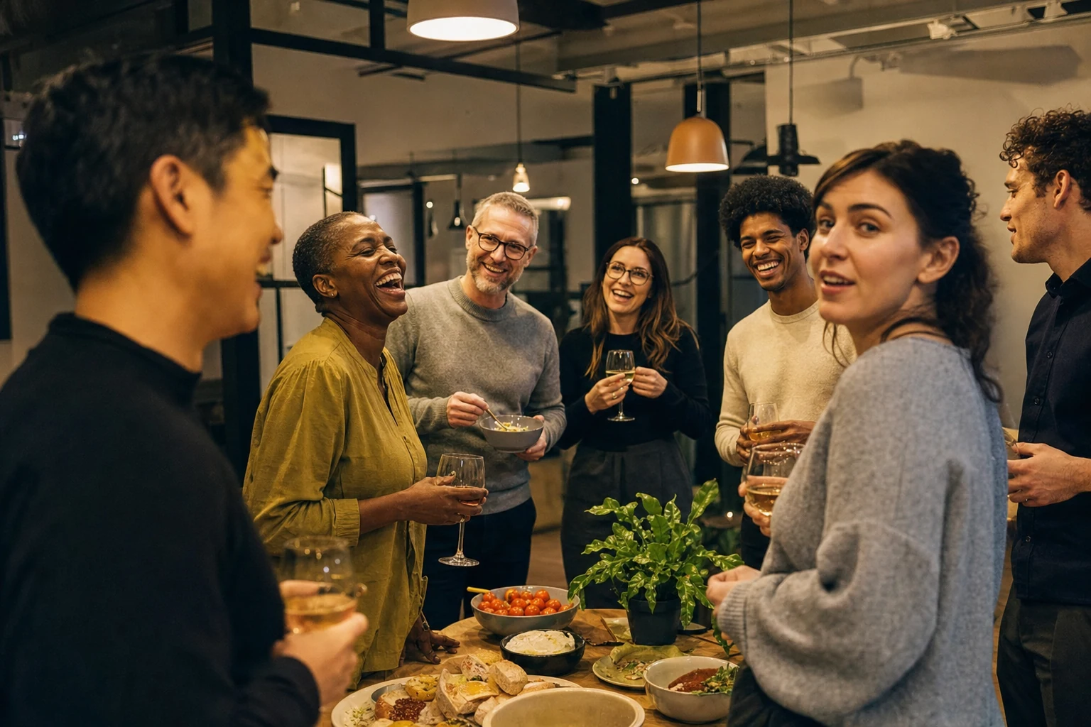 Sept collègues d'origines variées autour d'une table avec de quoi grignoter, plusieurs rient