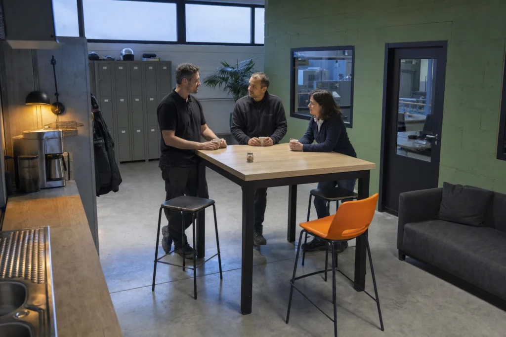 Three colleagues at a small industrial company talking around the coffee counter at the start of the day
