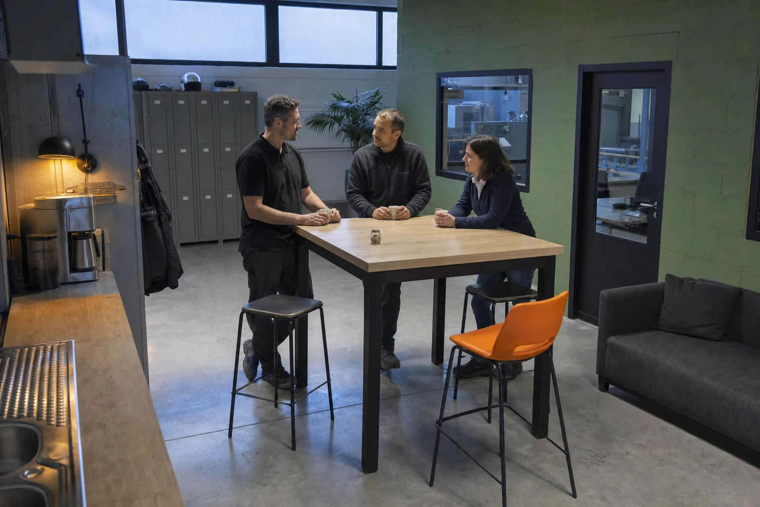 Trois collègues d'une PME industrielle discutent autour du comptoir café en début de journée