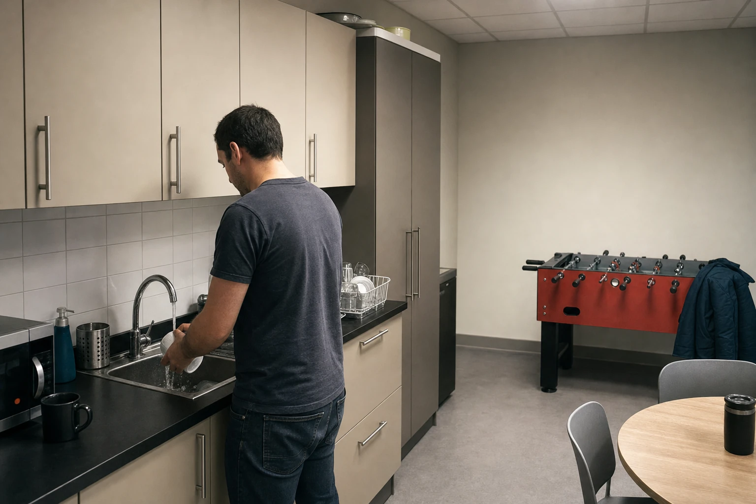 Someone washing a mug in the office kitchen; behind them, a table football pushed against the wall, unused