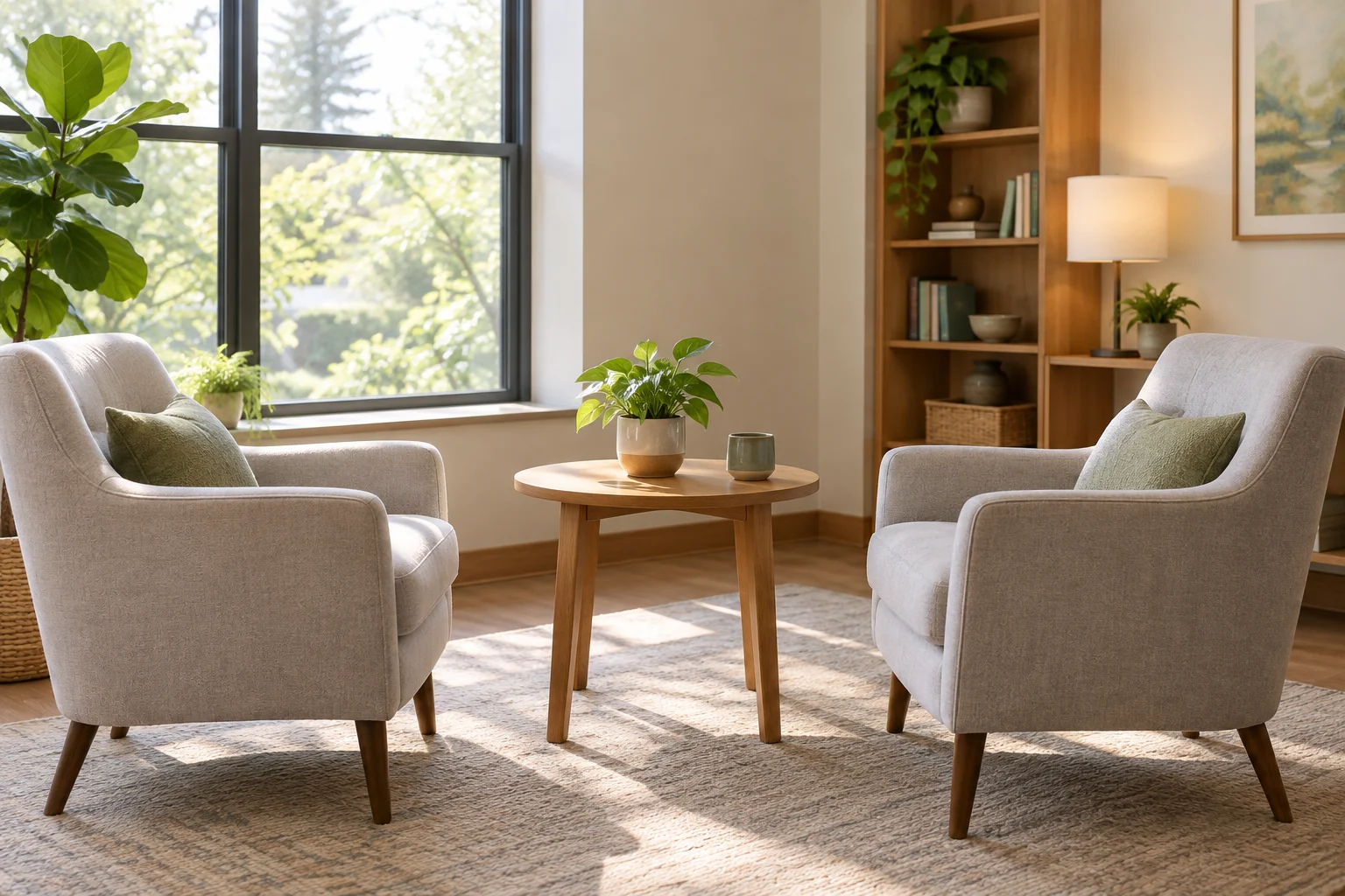 Deux fauteuils se font face autour d’une petite table dans un bureau lumineux.