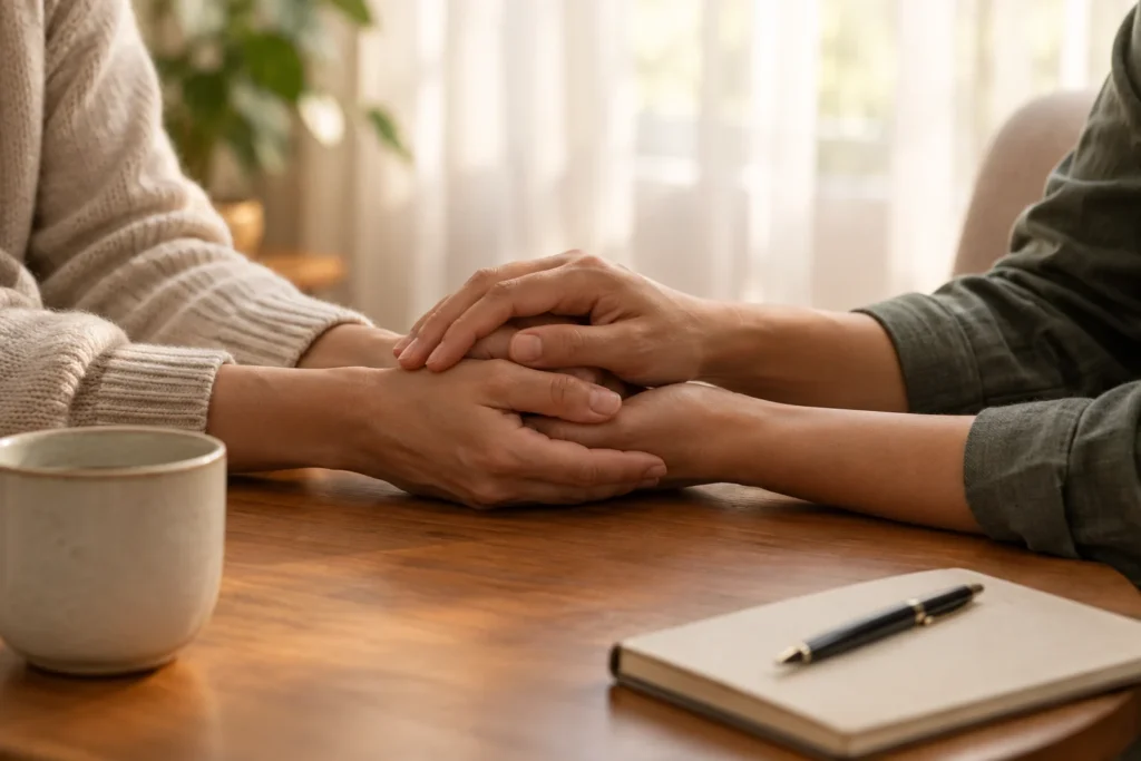 Deux mains posées l'une sur l'autre lors d'un échange en présentiel dans un cadre chaleureux et confidentiel.