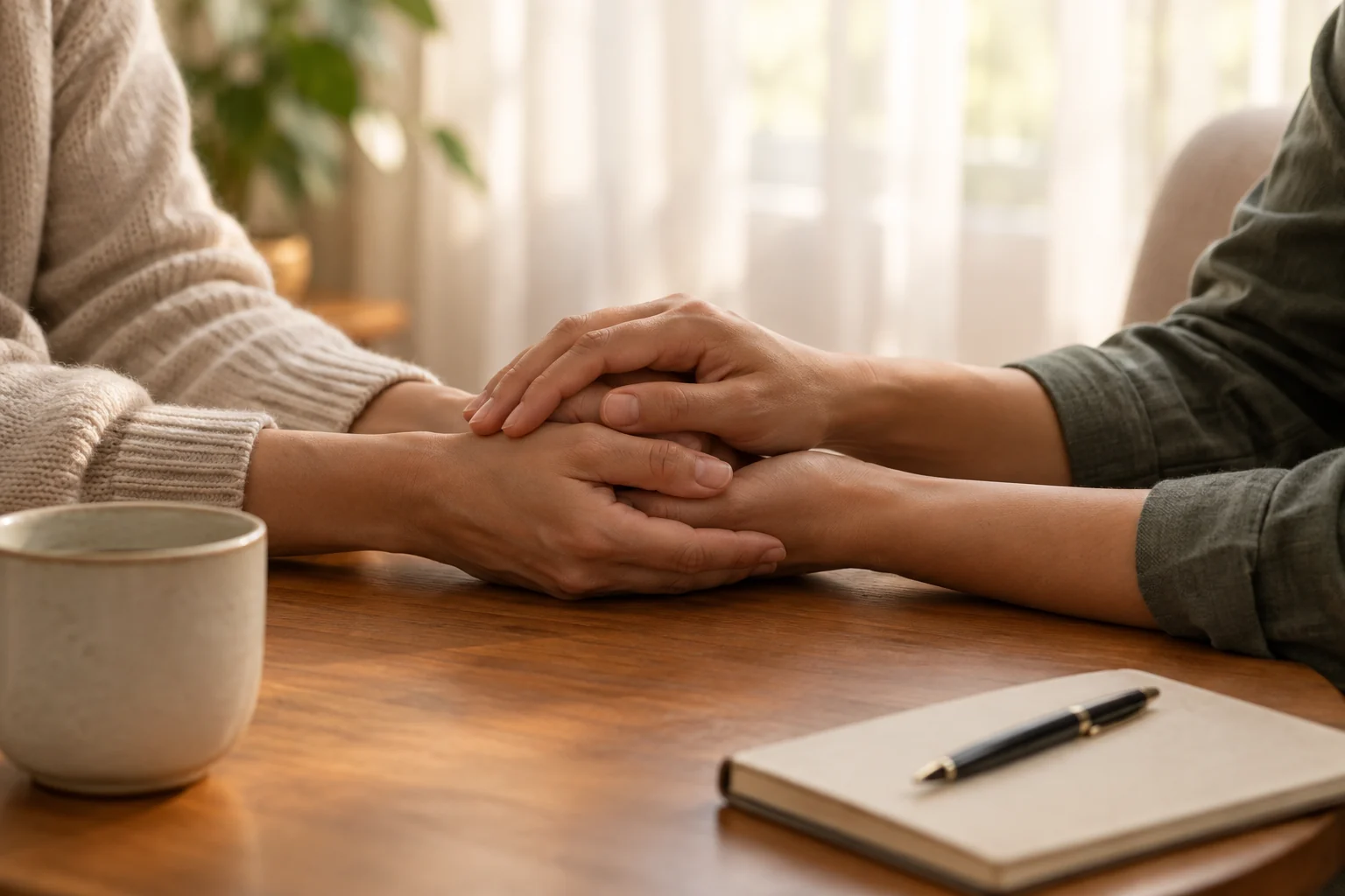 Deux mains posées l'une sur l'autre lors d'un échange en présentiel dans un cadre chaleureux et confidentiel.