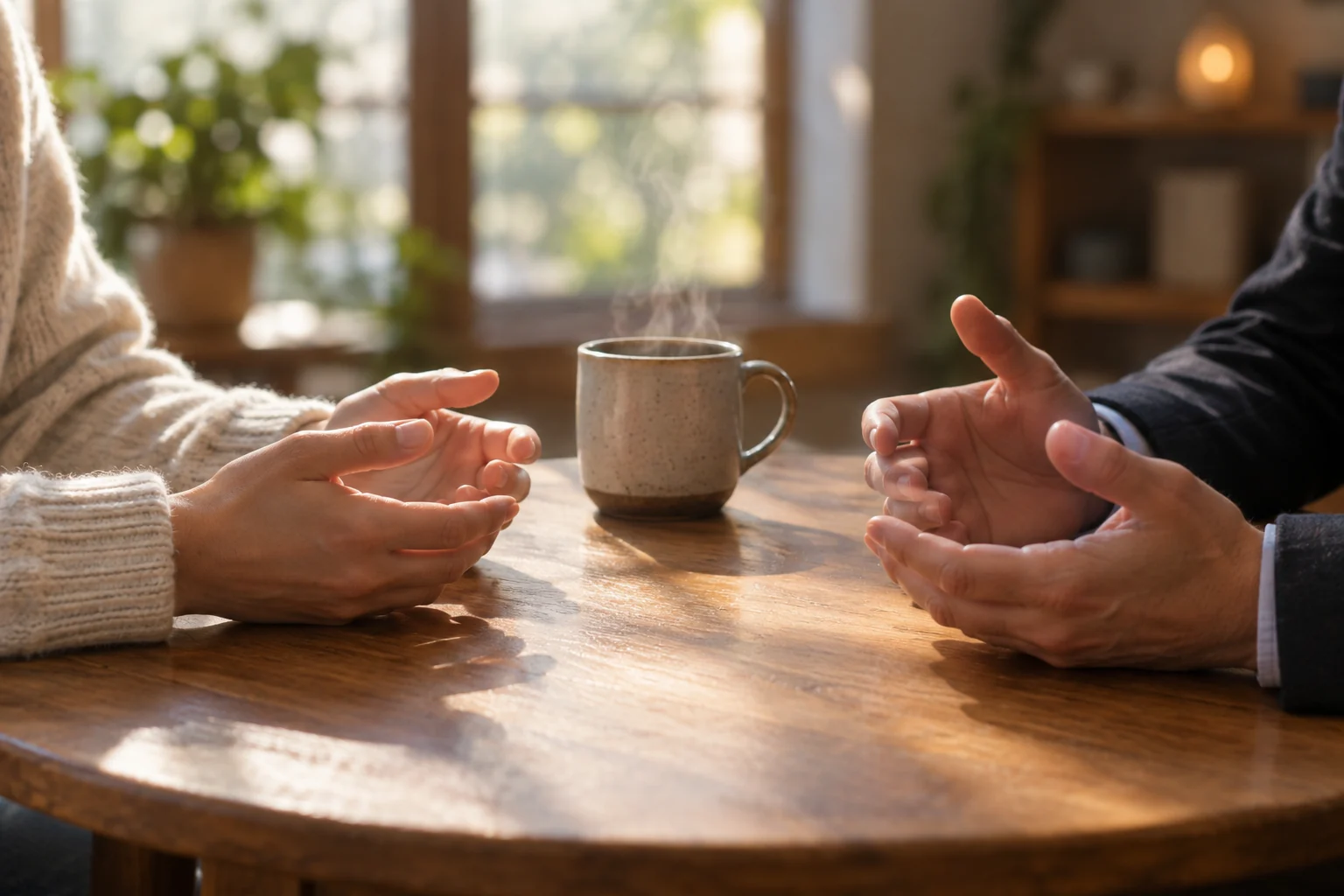 Deux mains posées sur une table en bois lors d’un échange professionnel en présentiel, lumière naturelle.