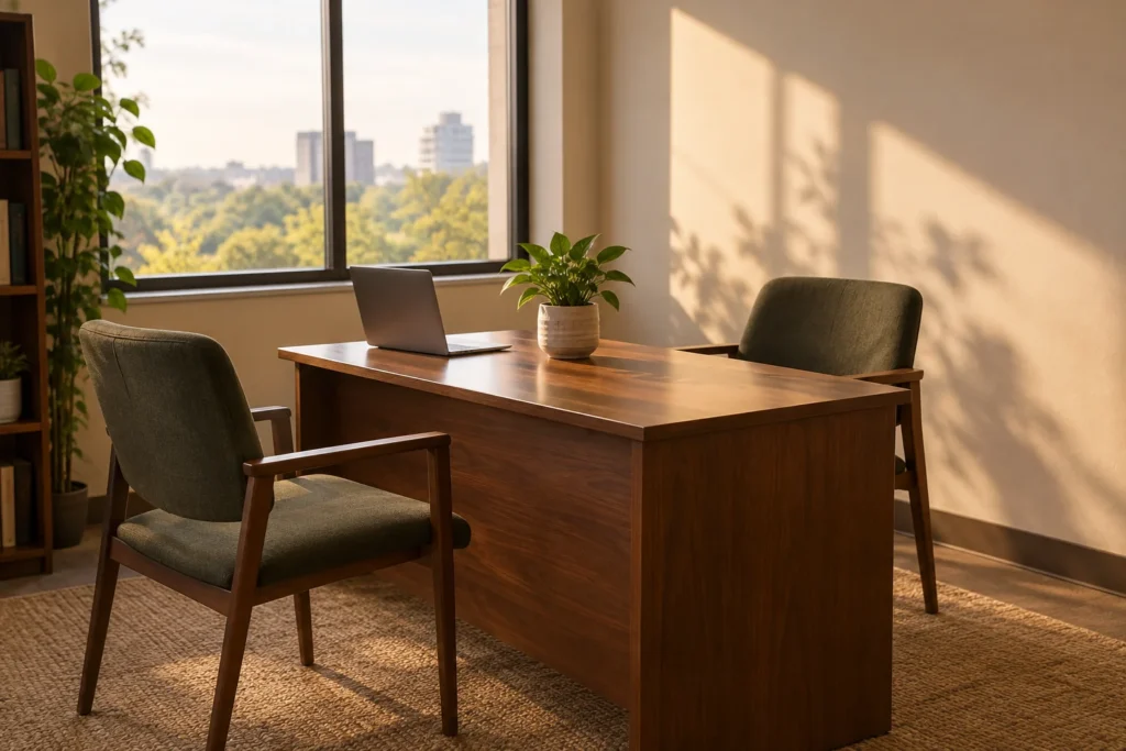 Bureau éclairé avec deux chaises face à face, prêt pour un échange en présentiel.