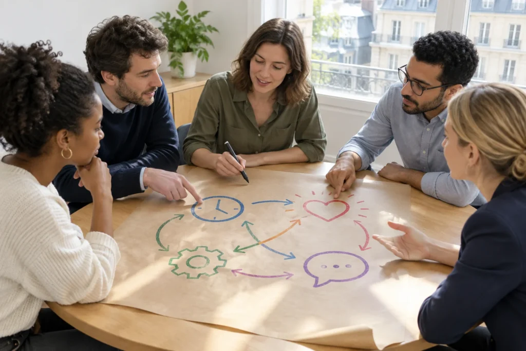 Atelier participatif où une équipe dessine et discute des mécanismes du stress sur une grande feuille.