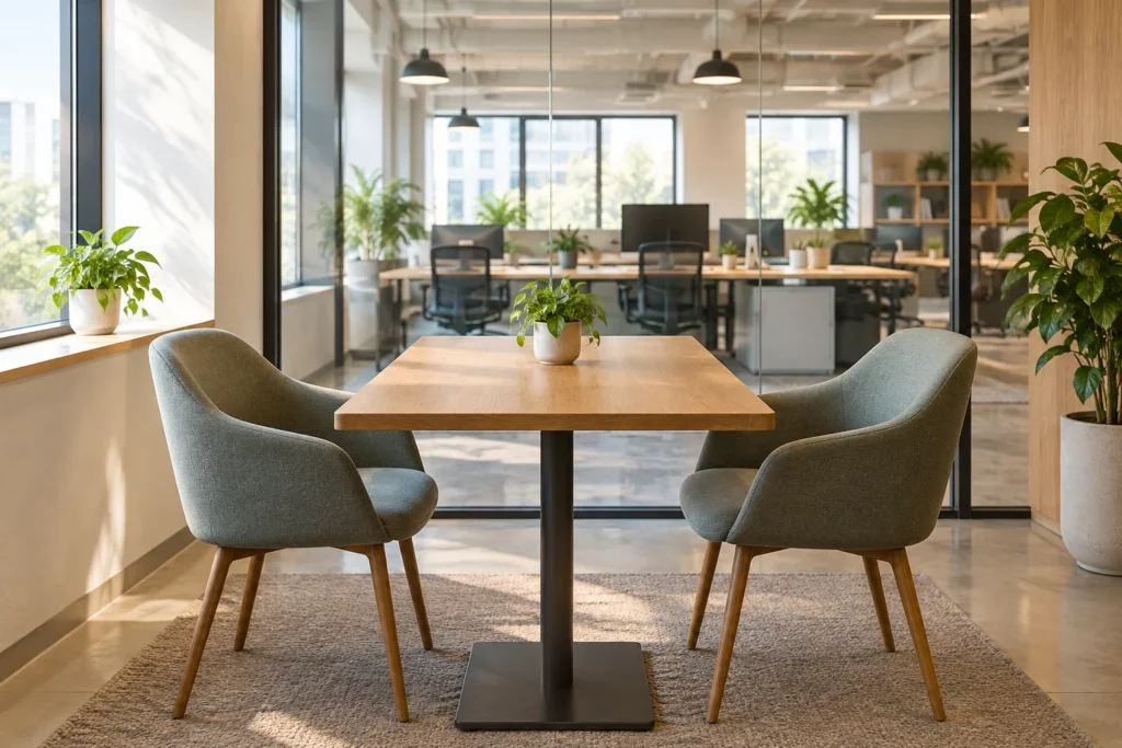La lumière du matin éclaire deux chaises face à face autour d’une table, dans une salle de réunion de PME.