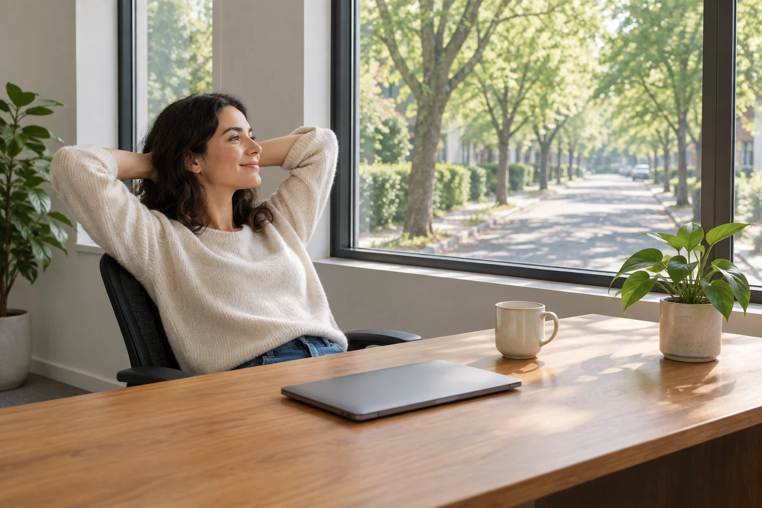 Une personne assise détendue dans un bureau lumineux, profitant d'un moment de calme sans tâche administrative.